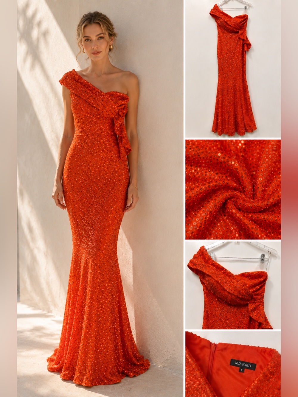 Missord One Shoulder Sequin Gown S Orange Formal Maxi Black Tie Wedding Guest